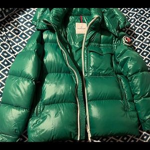 MONCLER Vignemale green down hooded puffer .